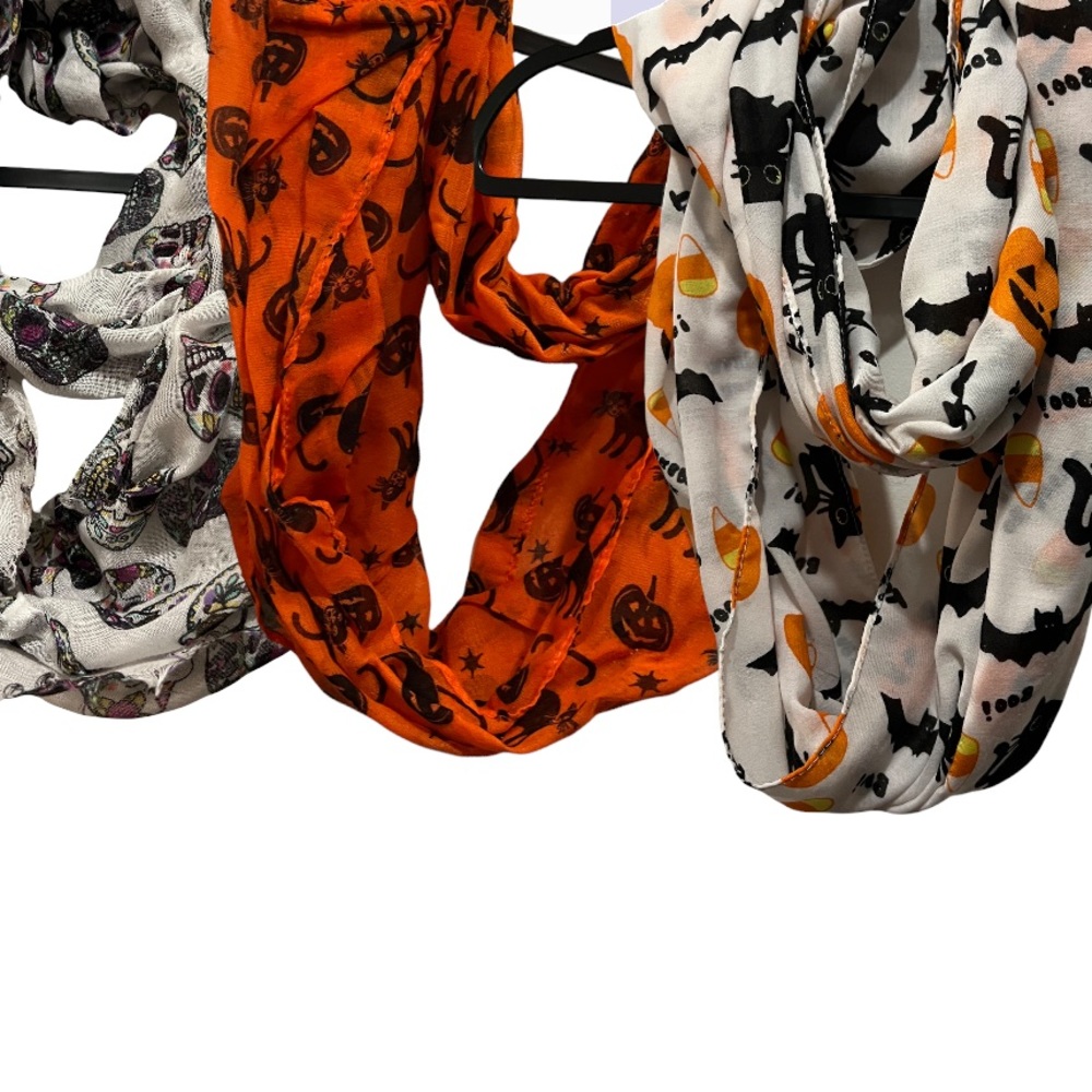 Halloween Women’s Infinity Wrap Cowl Scarves Trio Bundle Sugar Skull Pumpkin Bat - Picture 6 of 12